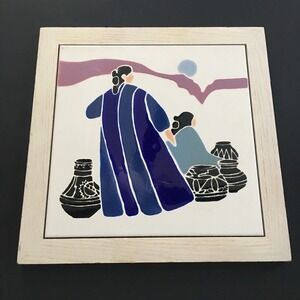 Signed Native American Ceramic Art Tile Handmade Framed Zellig Woman Wall Decor